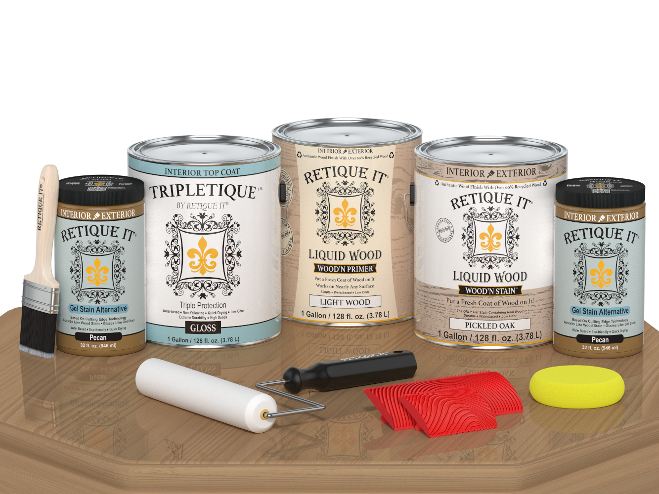 Retique It® Wood'n Cabinet Kit with 48 pickled oak stained doors and gloss finish, showcasing grained wood texture on a table.
