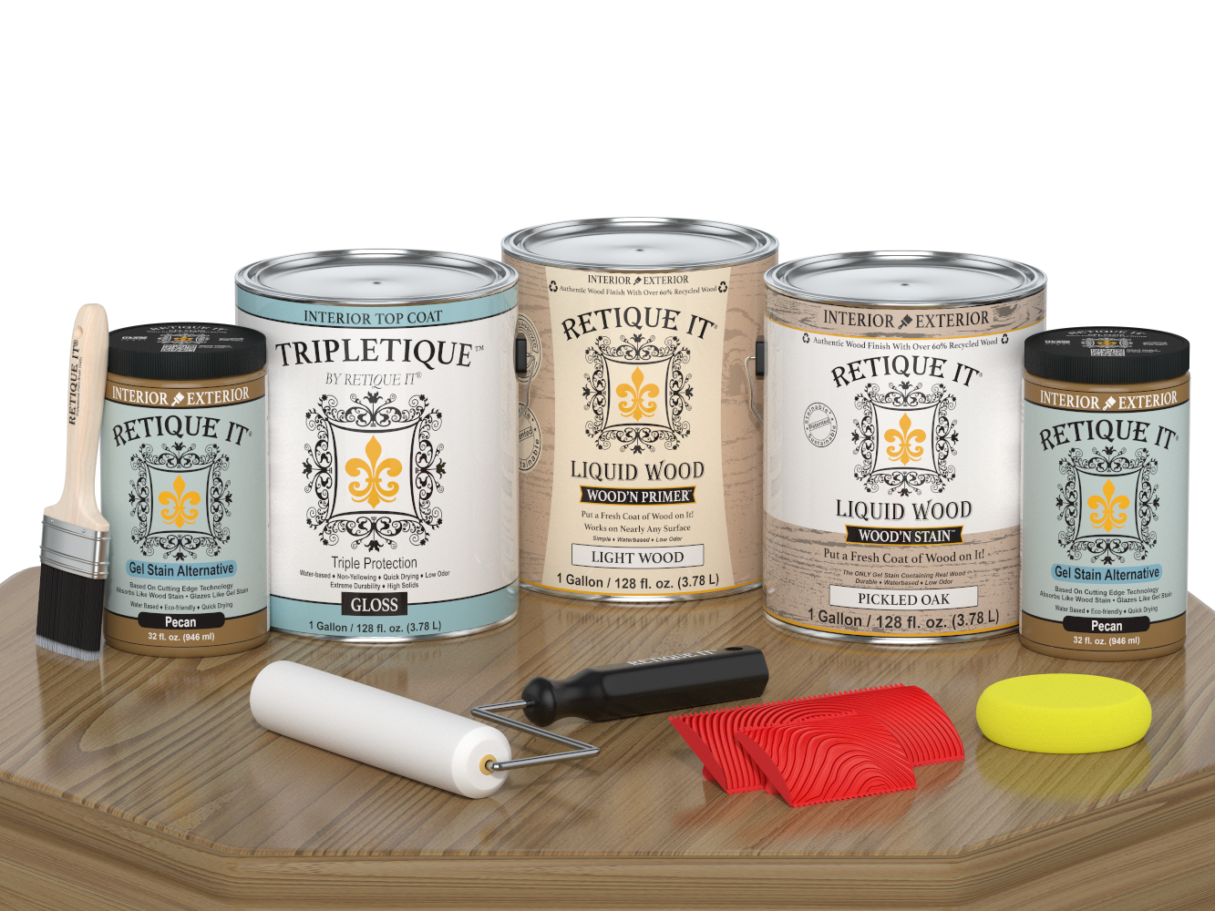 Glossy wood finish kit by Retique It® with pickled oak color, includes four large interior top coat bottles for versatile wood projects.
