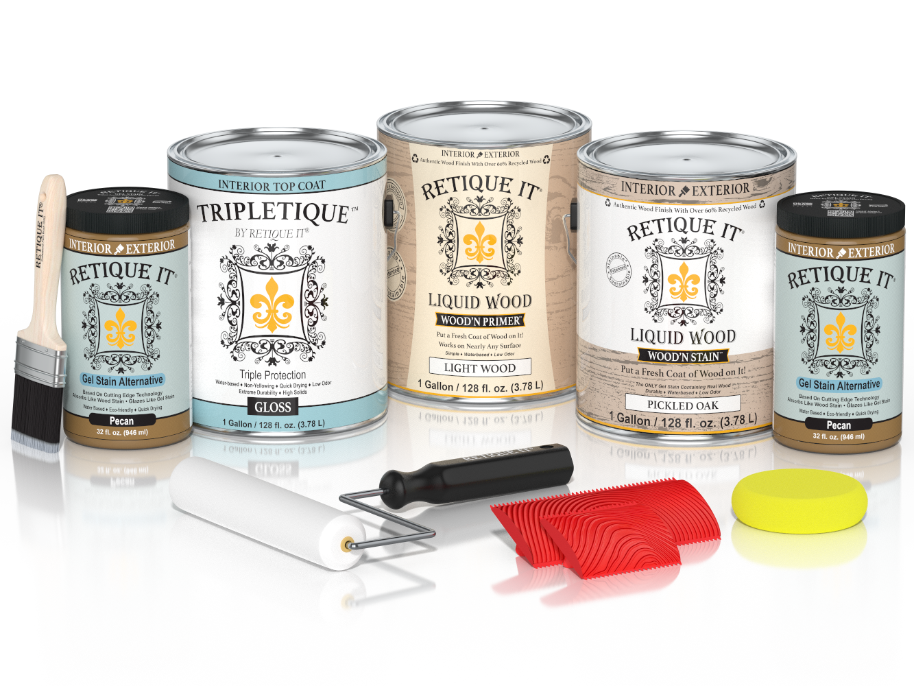 Glossy pickled oak wood finish kit from Retique It® Wood'n Finish Kits, includes four large interior top coat bottles.