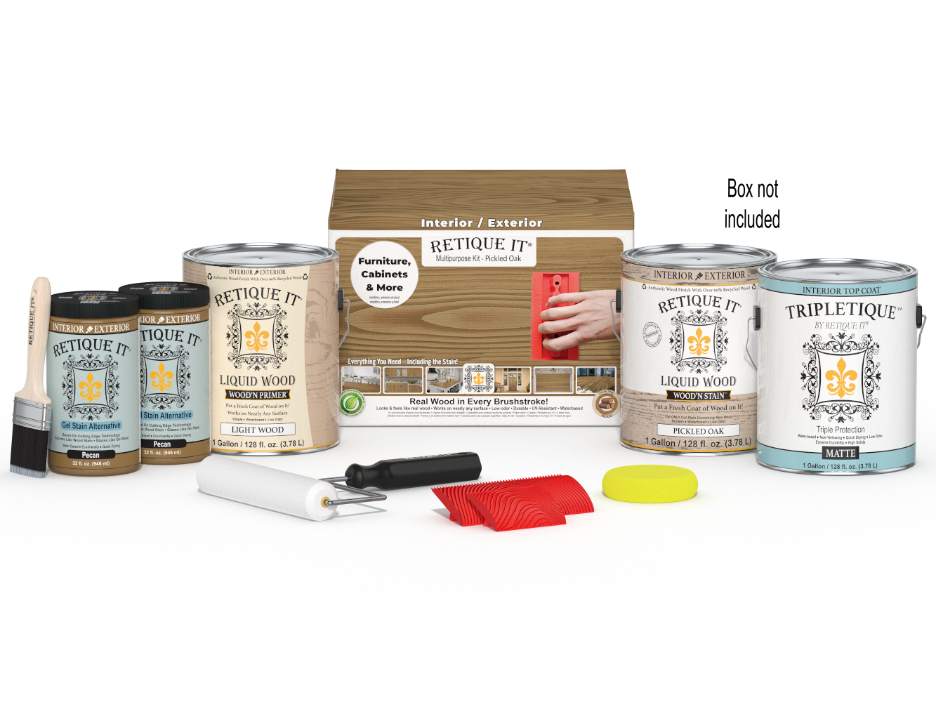 Retique It® Wood'n Finish Kit in Pickled Oak, multi-purpose interior top coat with four large containers and applicator tools.