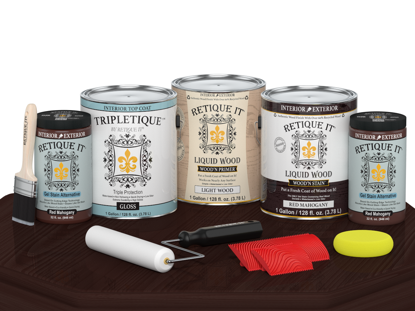 Retique It® Wood'n Cabinet Kit with red mahogany stain, featuring a grained wood door sample with glossy finish on a table.