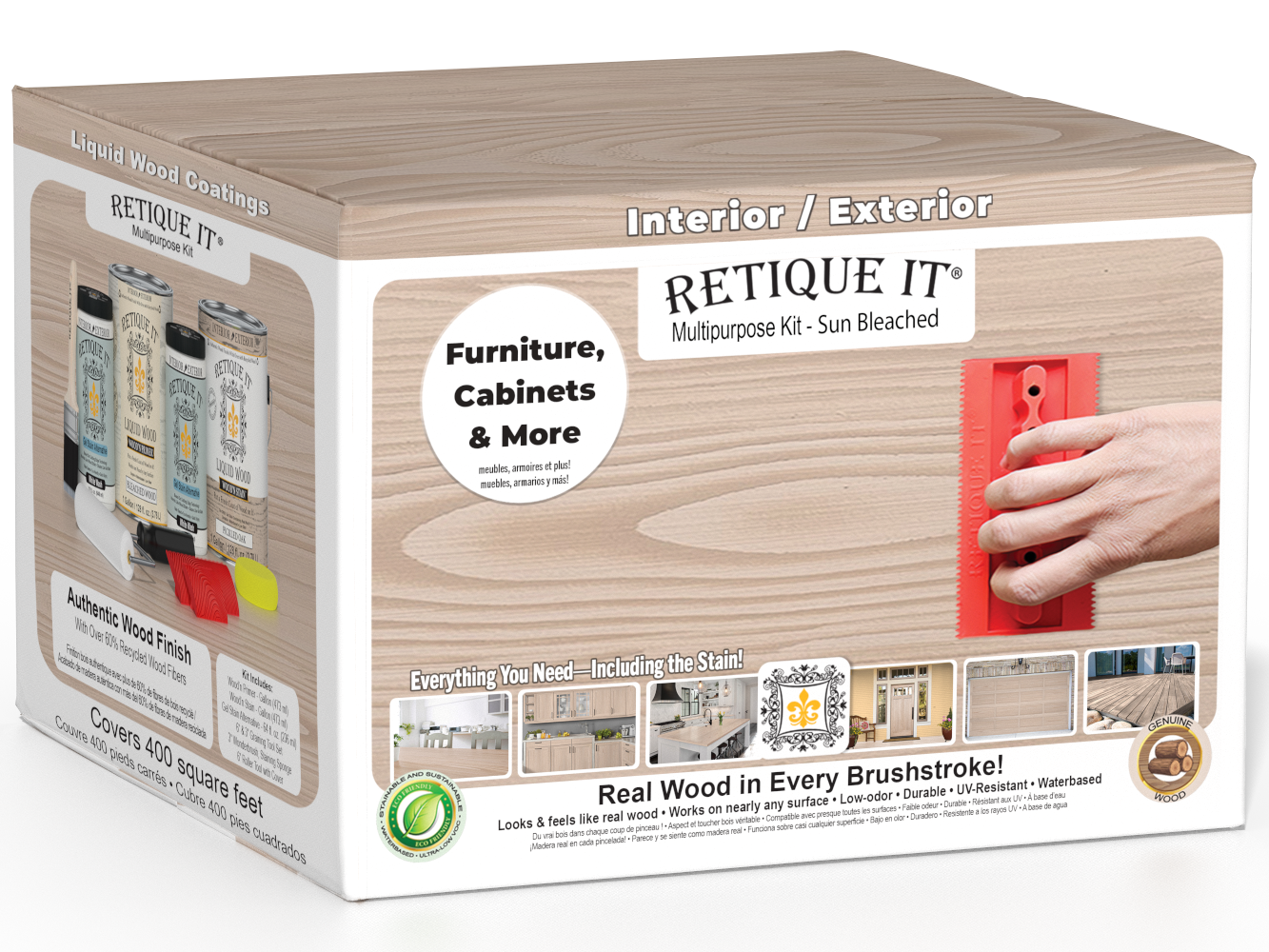 Retique It® Wood'n Finish Kit in Sun Bleached, including four large interior top coat wood finish products with wooden boxes.