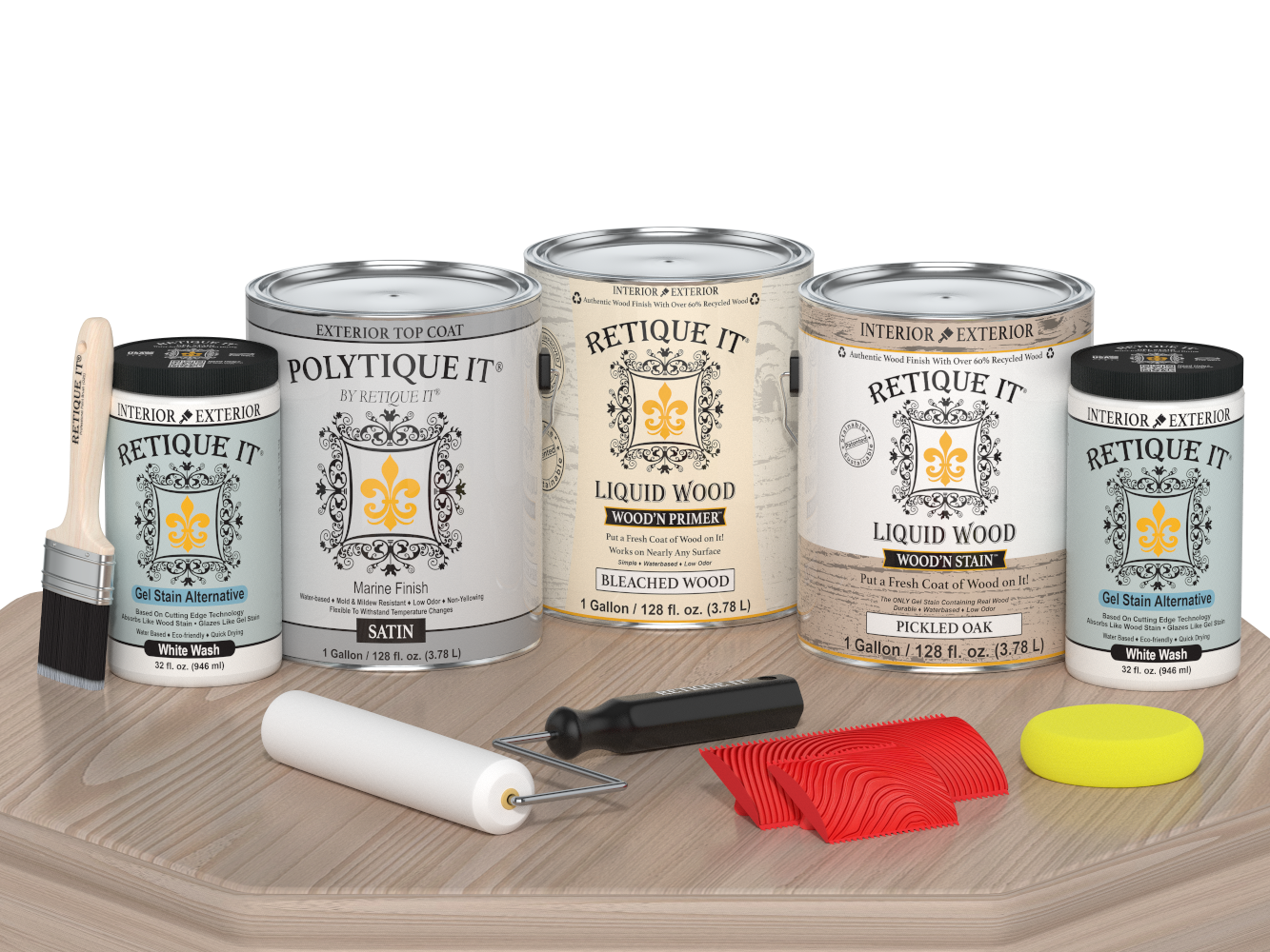 Retique It® Wood'n Finish Kit for decking, Sun Bleached color, satin finish, includes wood treatment components on a table.