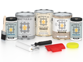 Retique It® Wood'n Finish Kit for decking in Sun Bleached, featuring satin finish and wood treatment tools on a plastic tray.