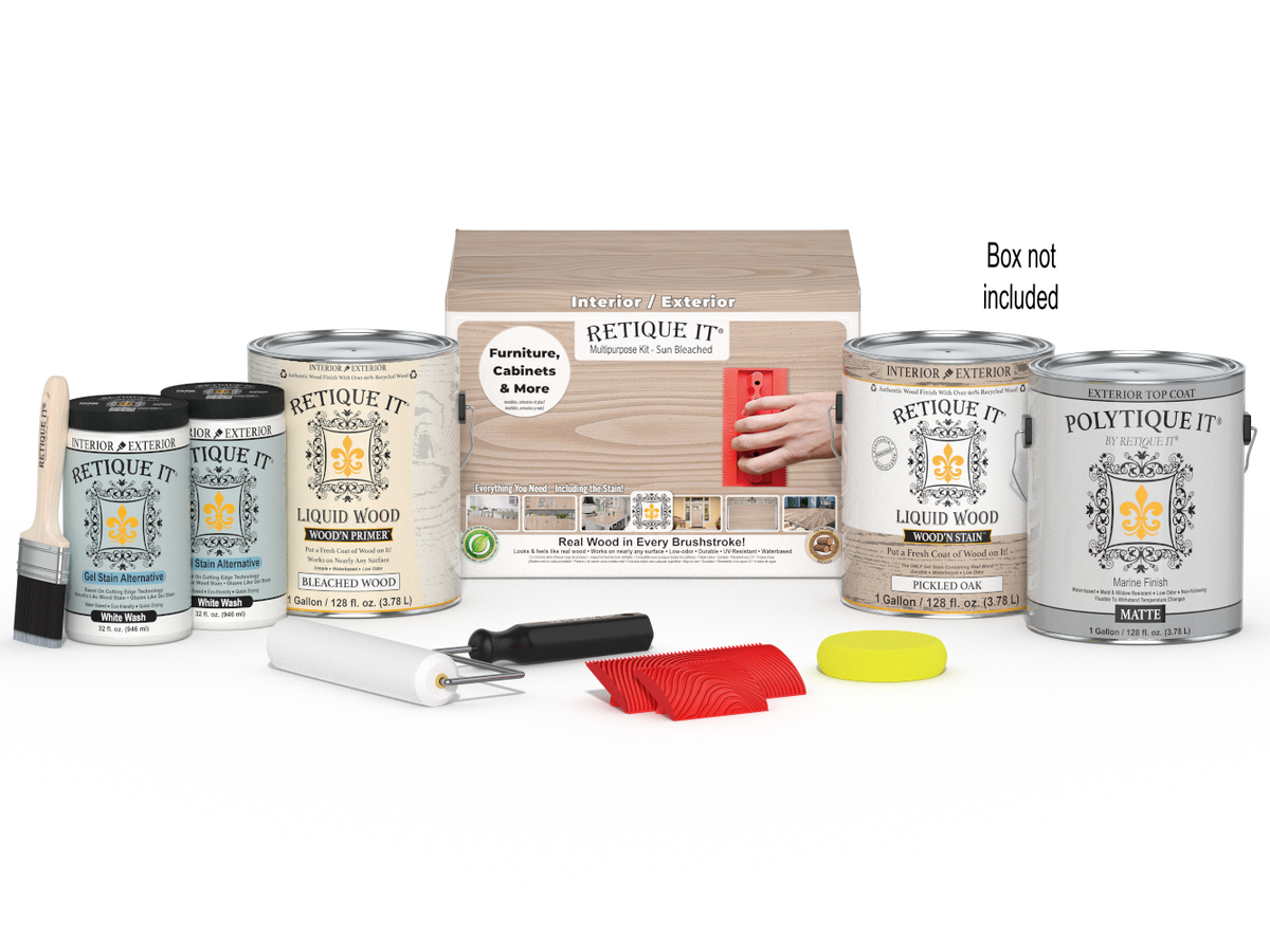 Retique It® Wood'n Finish Kit in Sun Bleached, a multi-purpose exterior top coat with four large wood finish bottles and applicator tools.