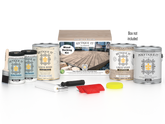 Sun-bleached Decking Wood'n Finish Kit by Retique It® with wood finish swatches and application tools for outdoor decking.