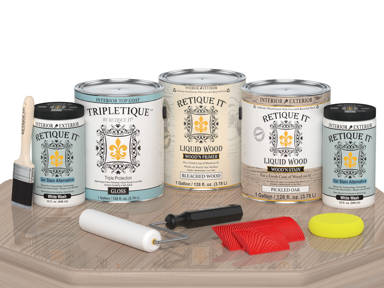 Sun bleached Wood'n Cabinet Kit with 48 grained doors from Retique It® Wood'n Finish Kits, gloss finish on a table.