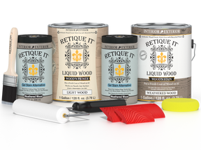 Retique It® Wood'n Cabinet Kit with weathered wood stain, 48 grained cabinet doors for DIY kitchen or furniture renovation.