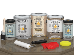 Glossy weathered wood finish kit by Retique It® for outdoor wooden surfaces, includes four large wood’n top coats in Weathered Wood.