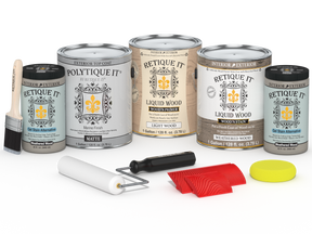 Retique It® Wood'n Finish Kit with weathered wood exterior top coat, featuring four large matte weathered wood finish bottles.