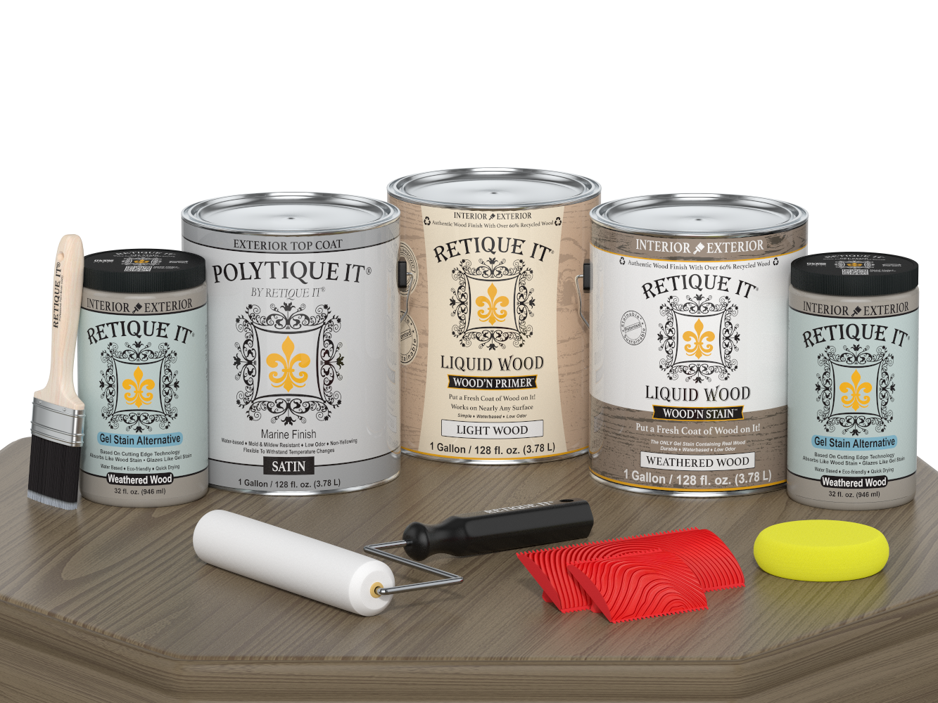 Retique It® Wood'n Finish Kit in Weathered Wood, large size, satin exterior top coat applied on wooden surface.