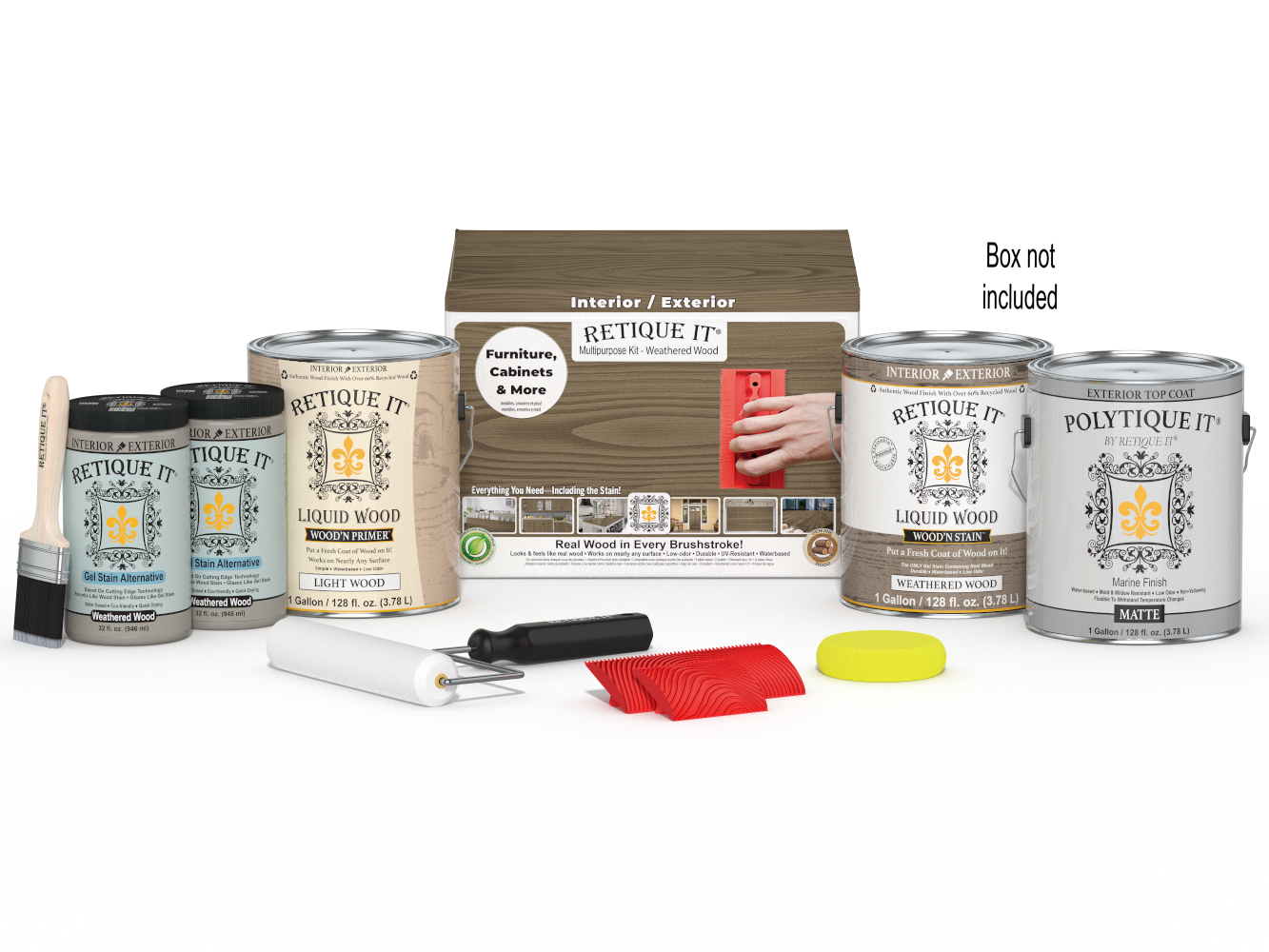 Retique It® Wood'n Finish Kit with four weathered wood exterior top coats, featuring a weathered wood color and application tools.