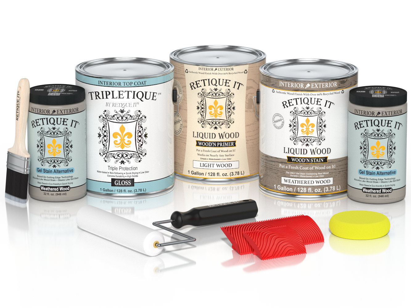 Glossy weathered wood finish kit by Retique It® for interior projects, includes four large Multi-purpose Wood'n Kit containers.