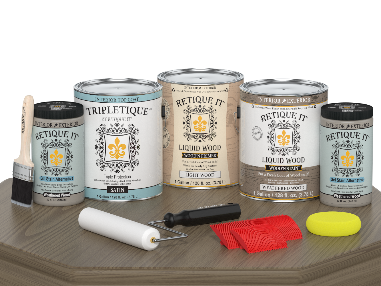 Retique It® Wood'n Finish Kit with four weathered wood interior top coats, satin finish on a wooden table.