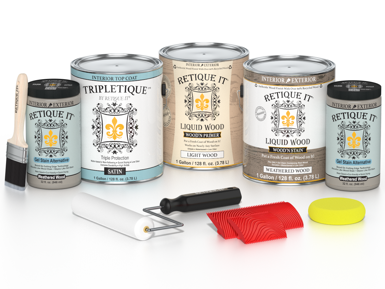 Retique It® Wood'n Finish Kit in weathered wood, satin top coat, with four large containers for multi-purpose wood finishing.