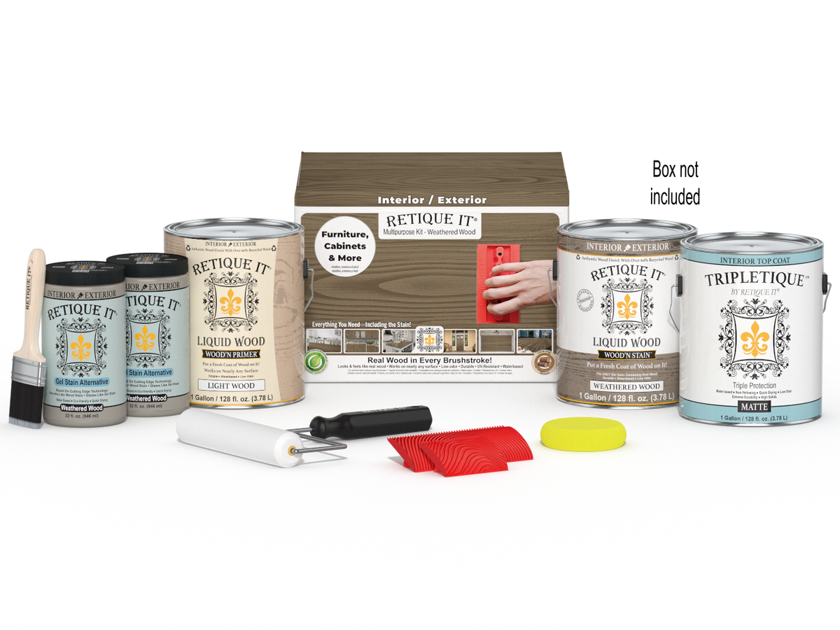 Retique It® Wood'n Finish Kit with four weathered wood interior top coats, shown in a box for multi-purpose wood finishing.