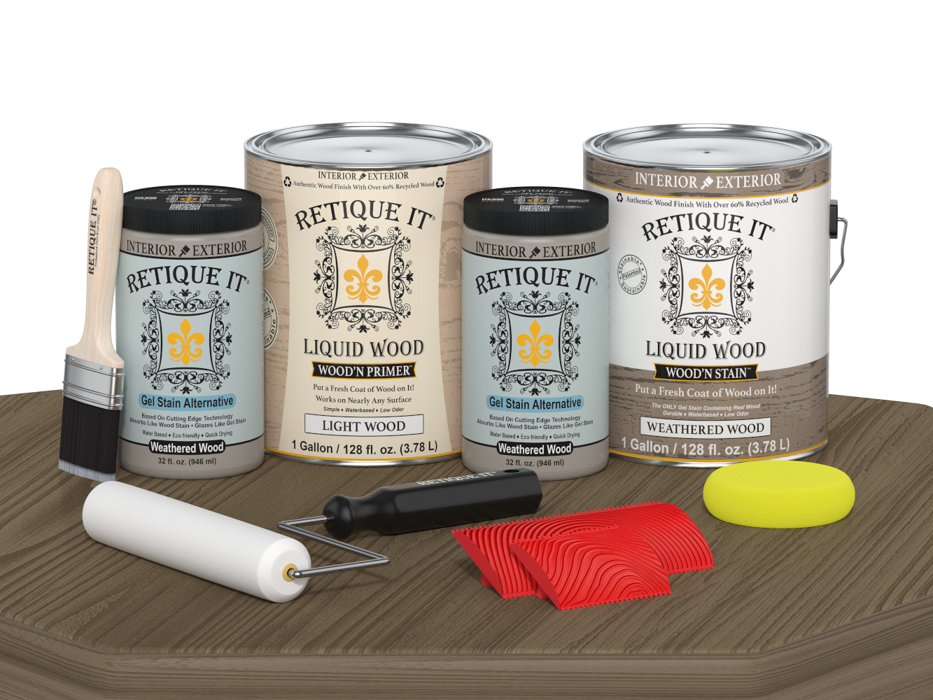 Retique It® Wood'n Cabinet Kit with weathered wood grain stain and 48 cabinet doors displayed on a table.