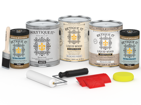 Multi-purpose Wood'n Kit in white oak finish with matte top coat, includes four large containers for exterior wood finishing by Retique It®.