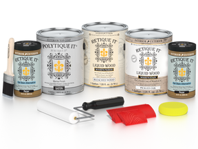 White oak exterior wood finish kit with satin top coat from Retique It®, includes four large wood treatment bottles.