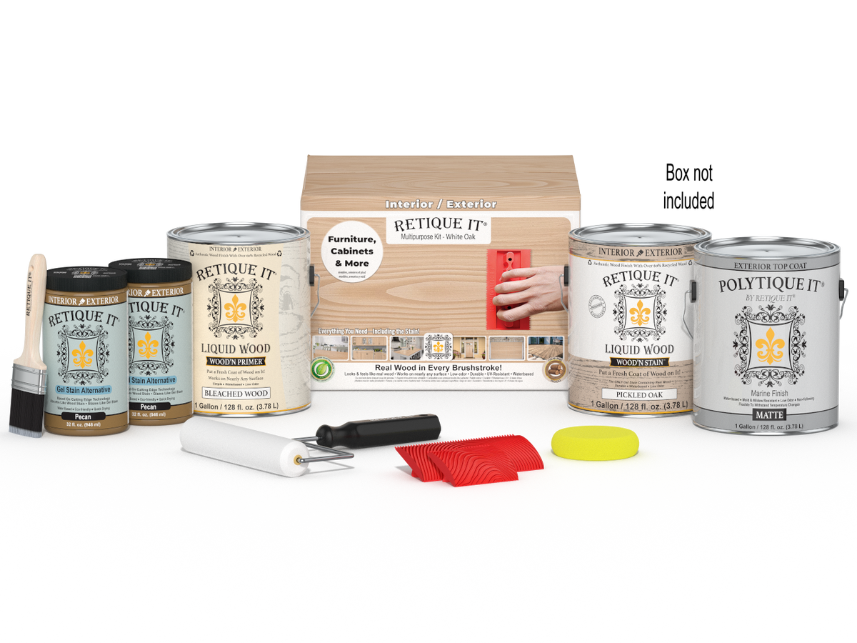 Retique It® Wood'n Finish Kit in Oak with tools and supplies for wood finishing projects.