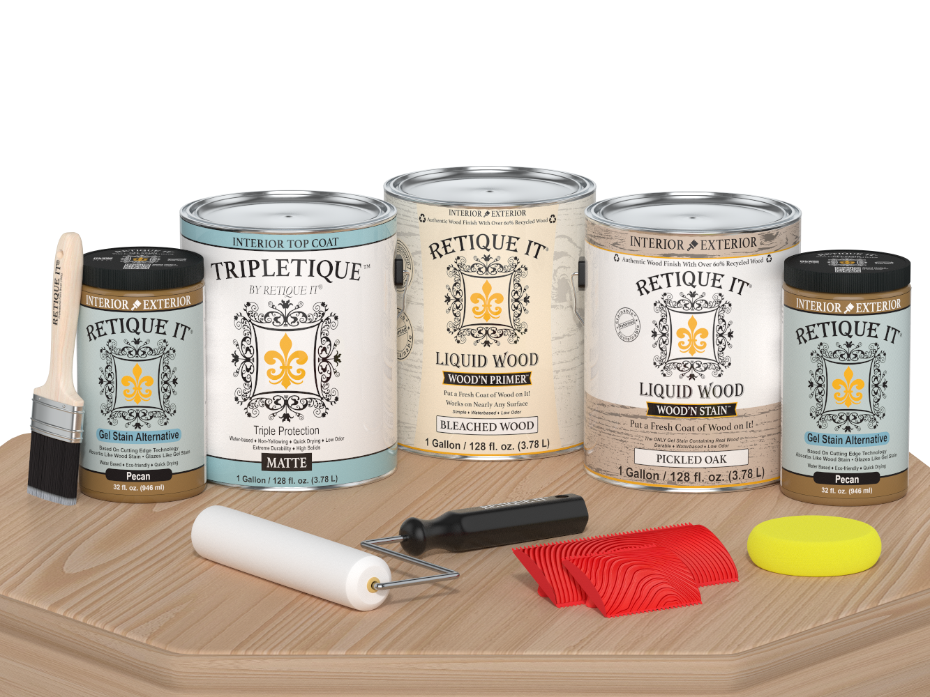 Retique It® Wood'n Cabinet Kit with 48 white oak stained, grained cabinet doors in matte finish on a table.