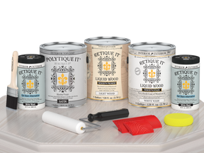 Retique It® Wood'n Finish Kit in White Wash with satin top coat, showing four large exterior wood finish bottles on a table.