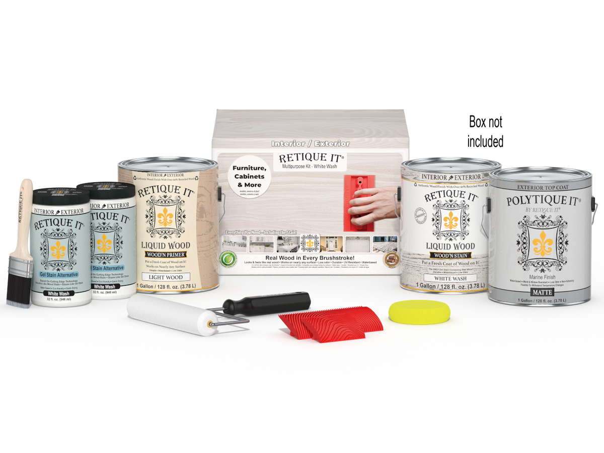Retique It® Wood'n Finish Kit in white wash for exterior top coat, includes four large containers, shown with packaging and brushes.
