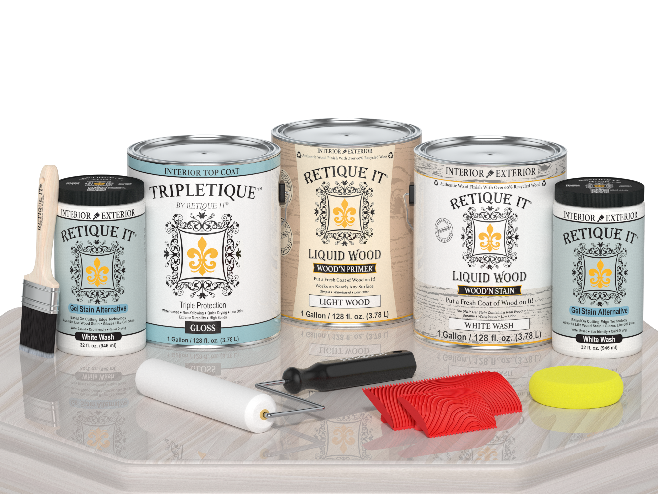 Retique It® Wood'n Finish Kit in White Wash for interior wood projects with a glossy top coat, displayed on a table.