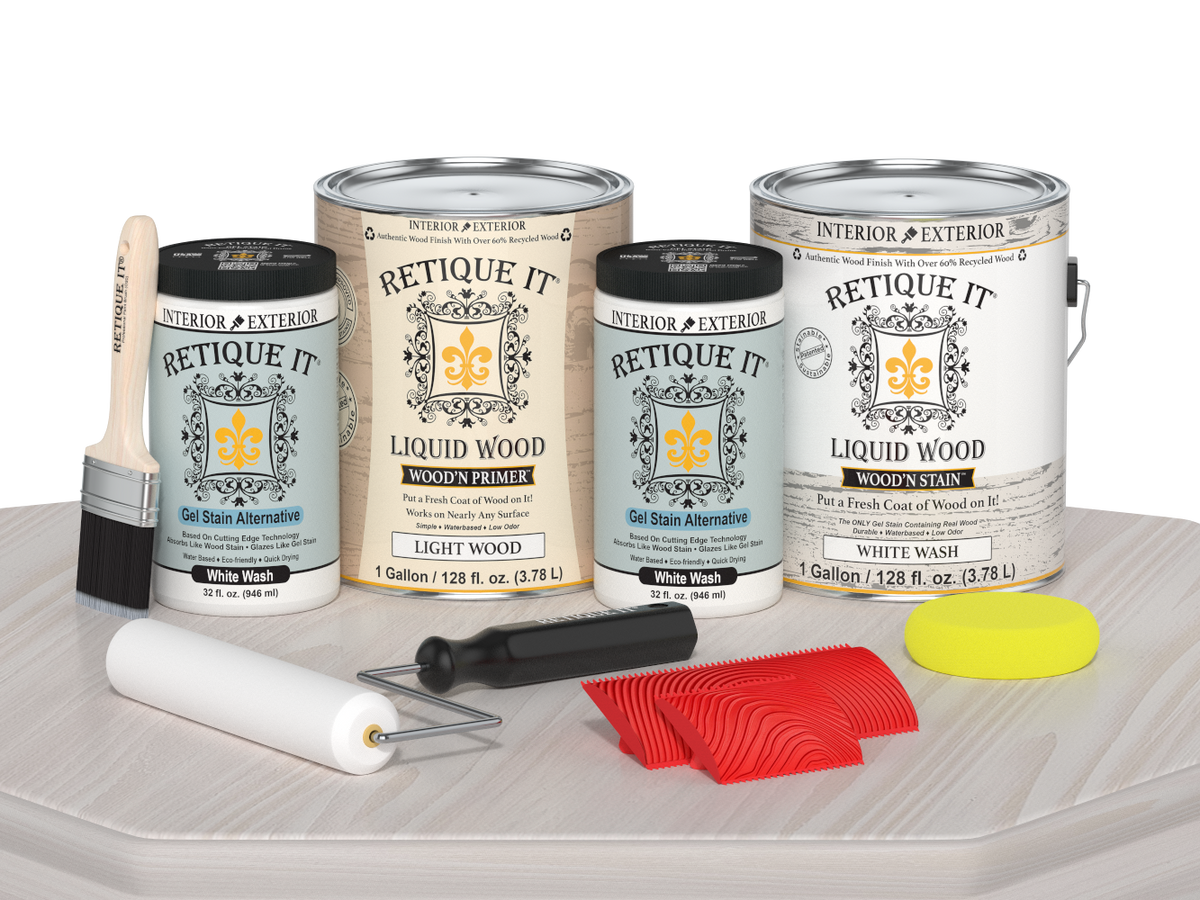Retique It® Wood'n Cabinet Kit with 48 grained white wash door stain, showcasing natural wood grain and whitewashed finish on a table.