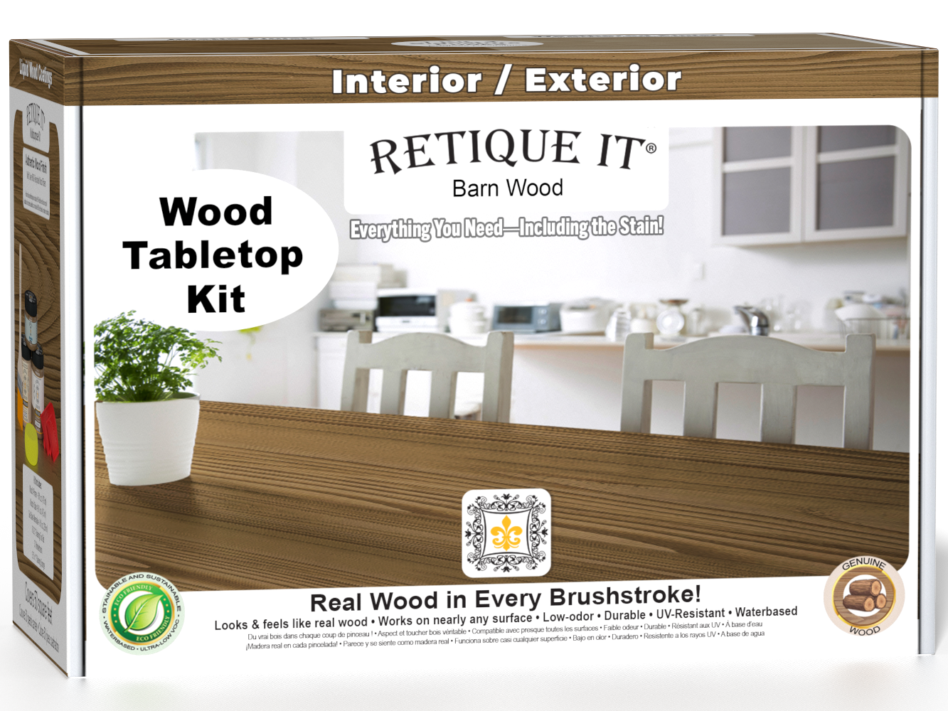 Double size Walnut wood stain kit from Retique It® for tabletops, featuring a modern wood finish with stain bottles and application tools.