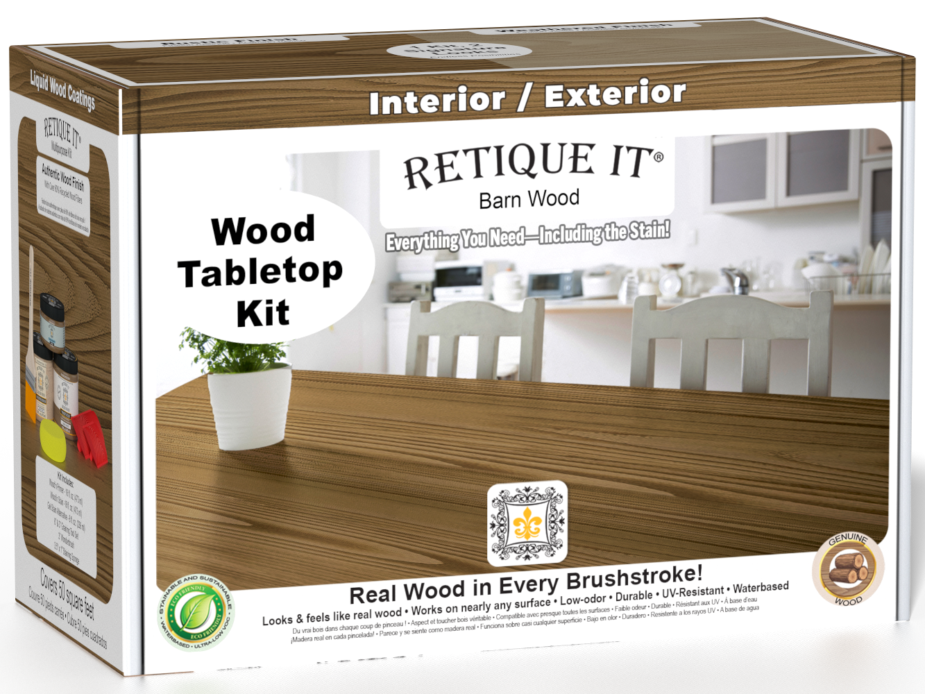 Retique It Wood'n Finish Kit for tabletops in Barn Wood stain, featuring wood stain bottles and application tools.