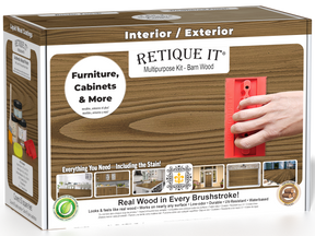 Retique It Wood'n Finish Kit in Barn Wood for exterior use, showing the box with wood finish products and application tools.
