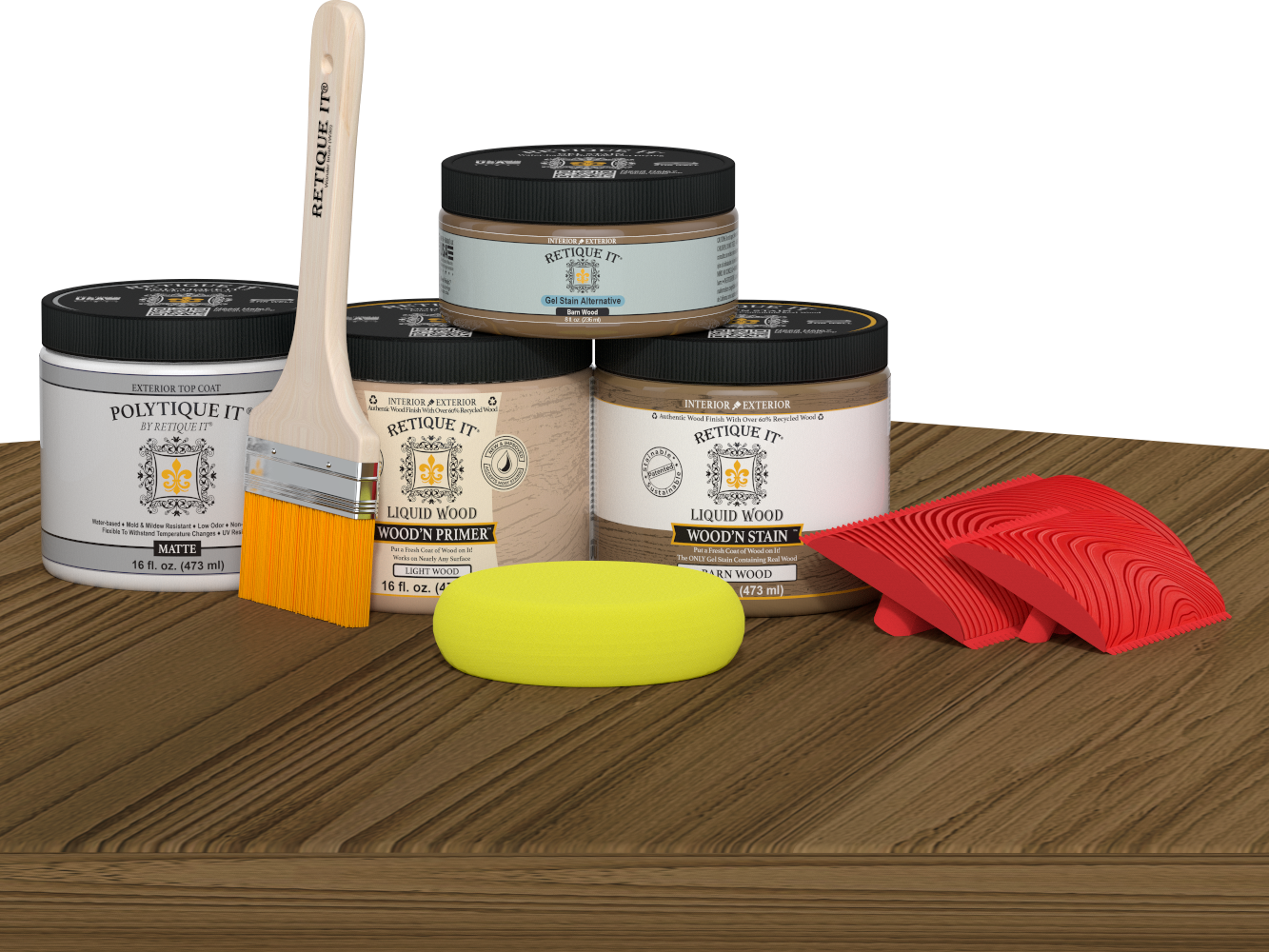 Retique It Wood'n Kit (Med) barn wood exterior topcoat with brushes and applicator on table for multi-purpose wood finishing.