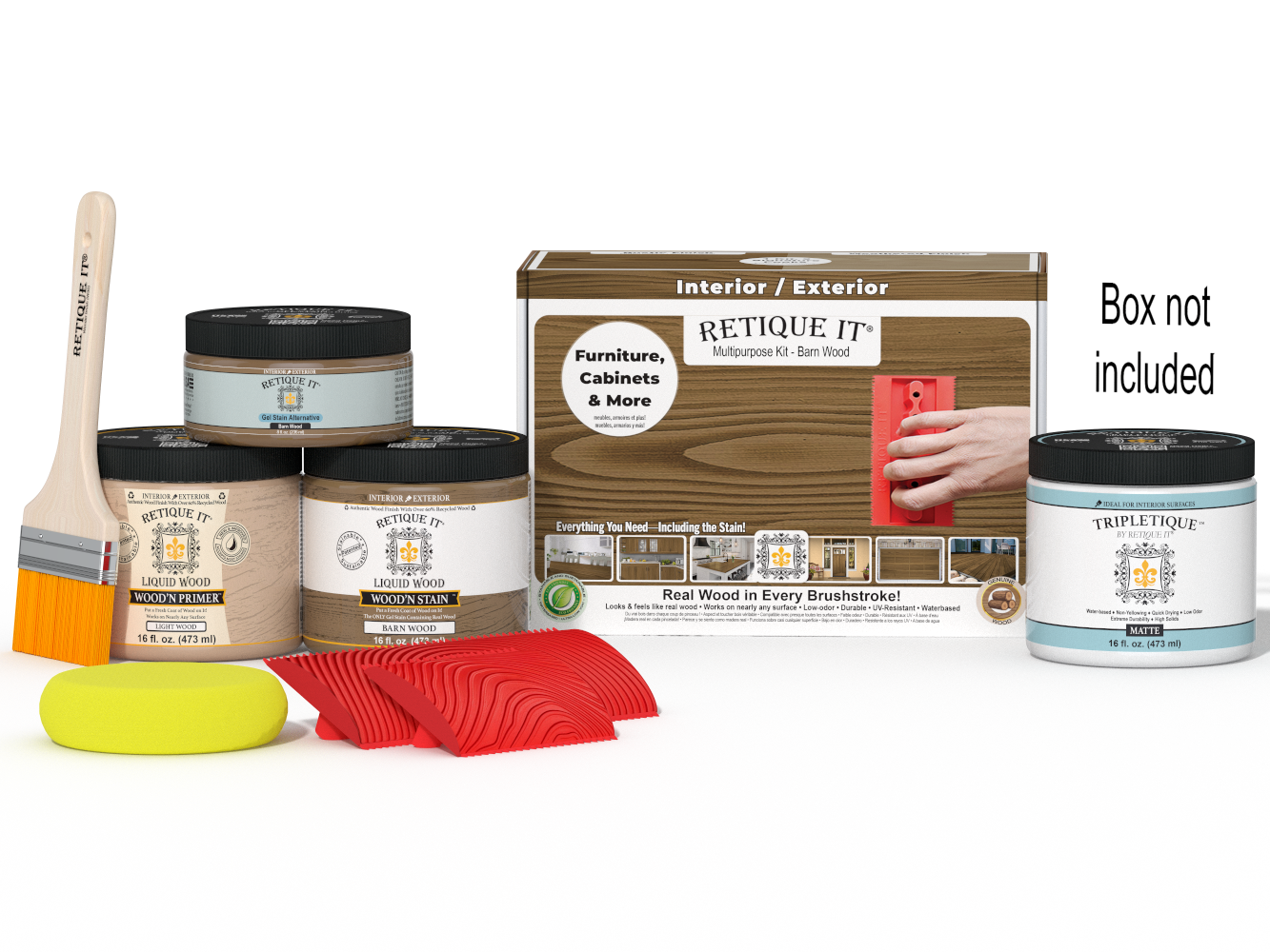 Retique It Wood'n Kit Med Barn Wood interior topcoat with finish tools and supplies in a box for multi-purpose wood finishing projects.