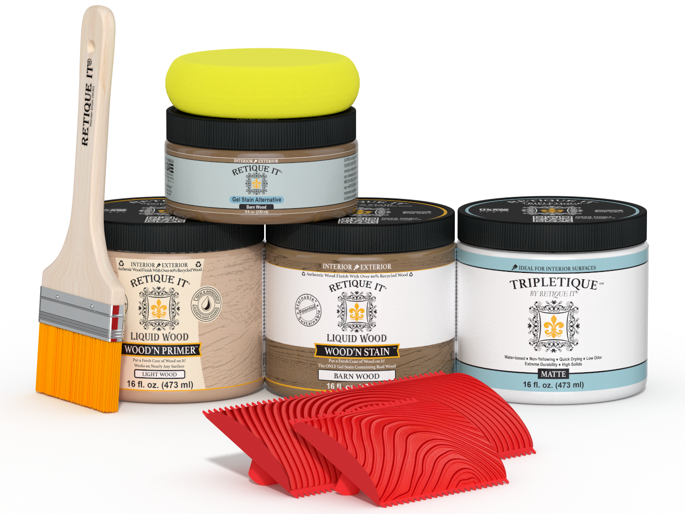 Retique It Wood'n Finish Kit in Barn Wood for interior topcoat, featuring a multi-purpose wood finishing set with brushes and tools.