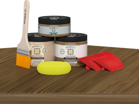 Retique It Wood'n Kit in Barn Wood finish, multi-purpose wood finish kit displayed on a table, ideal for furniture restoration.