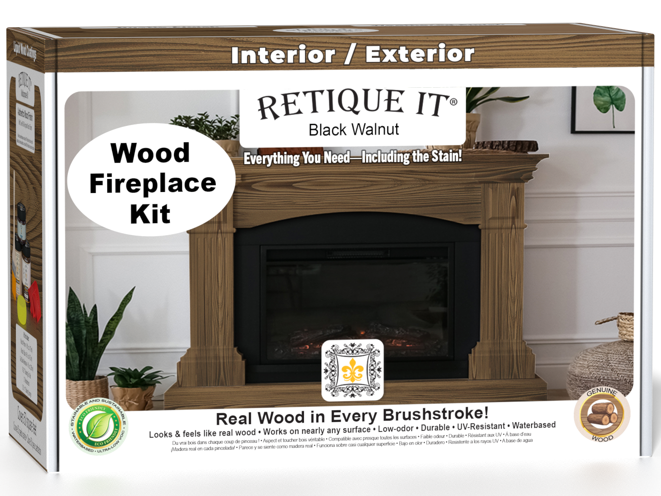 Retique It® Fireplace Wood'n Finish Kit in Black Walnut stain, full fireplace kit with stain containers and application tools.