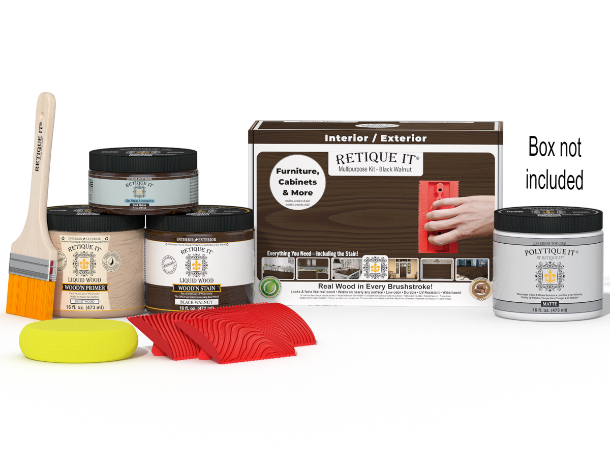Retique It® Wood'n Kit in black walnut finish with exterior top coat, includes brushes and supplies for wood finishing projects.