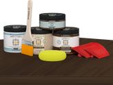 Double size Black Walnut wood stain kit by Retique It® for tabletops, featuring wood finish and stain application tools.