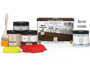Retique It® Wood'n Finish Kit in Black Walnut for tabletops, includes stain bottles and applicator tools.