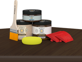 Retique It® Wood'n Finish Kit in Black Walnut, medium-sized, with wood stain and finish products on a table.
