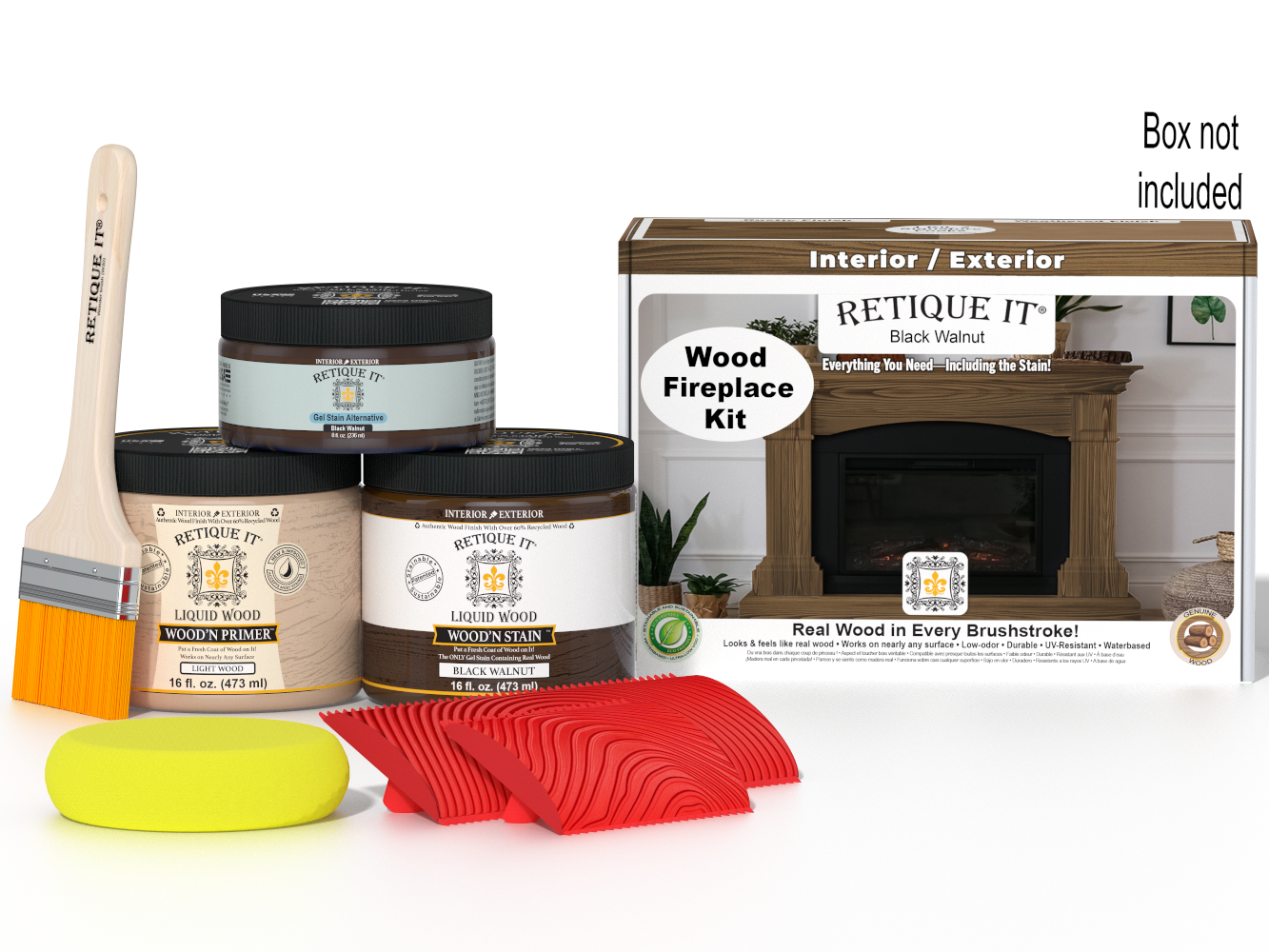 Retique It® Fireplace Wood'n Finish Kit in Black Walnut stain showing a full fireplace with wood finish and staining tools.