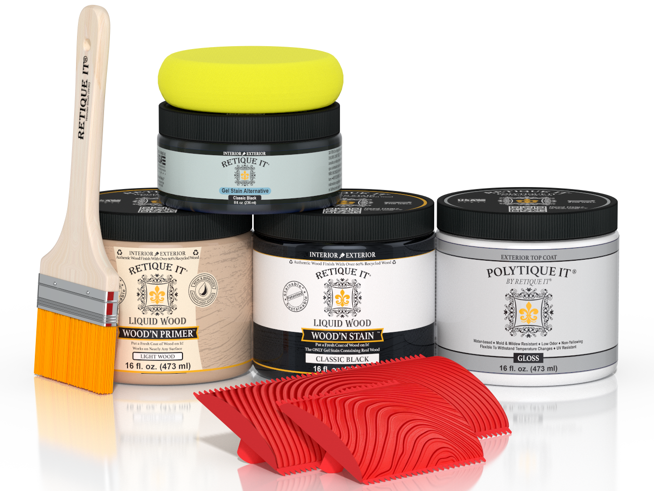 Retique It® Multi-purpose Smooth Finish Kit in classic black, exterior top coat for wood, with gloss finish and included application tools.