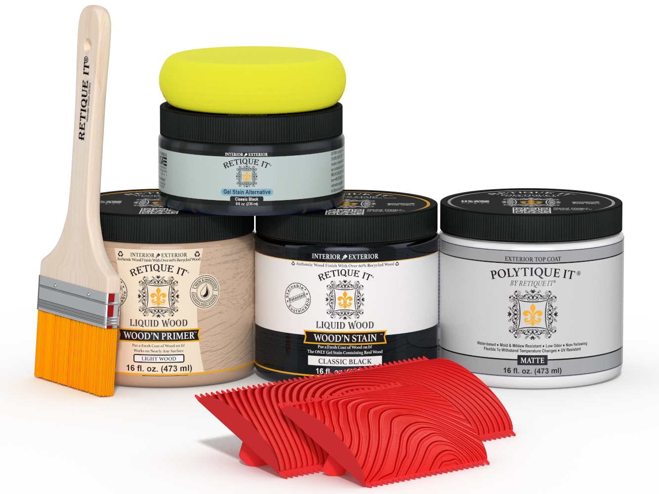 Retique It® Multi-purpose Smooth Finish Kit in Classic Black for exterior wood projects, includes top coat and applicators.