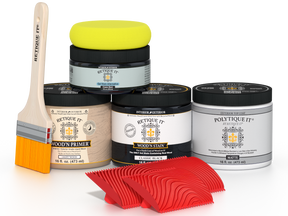 Retique It® Wood'n Kit in classic black for exterior wood finishing, includes top coat and application tools.