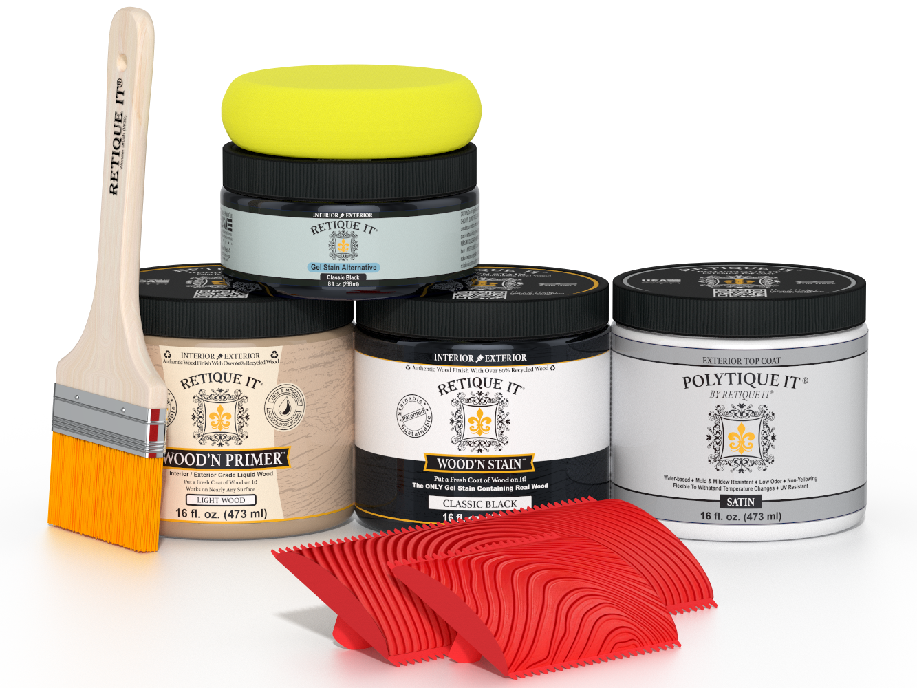 Multi-purpose Retique It® Wood'n Finish Kit in Classic Black, exterior top coat for wood projects, shown in a multi-pack.