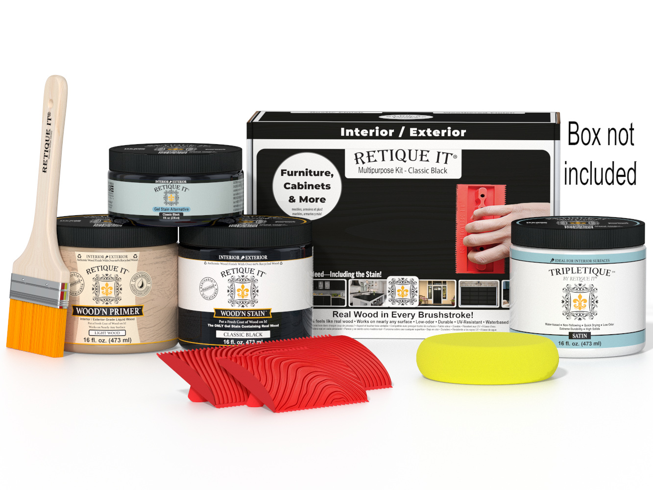 Retique It® Multi-purpose Wood'n Kit (Med) in Classic Black for interior top coat, shown in its packaging and included components.