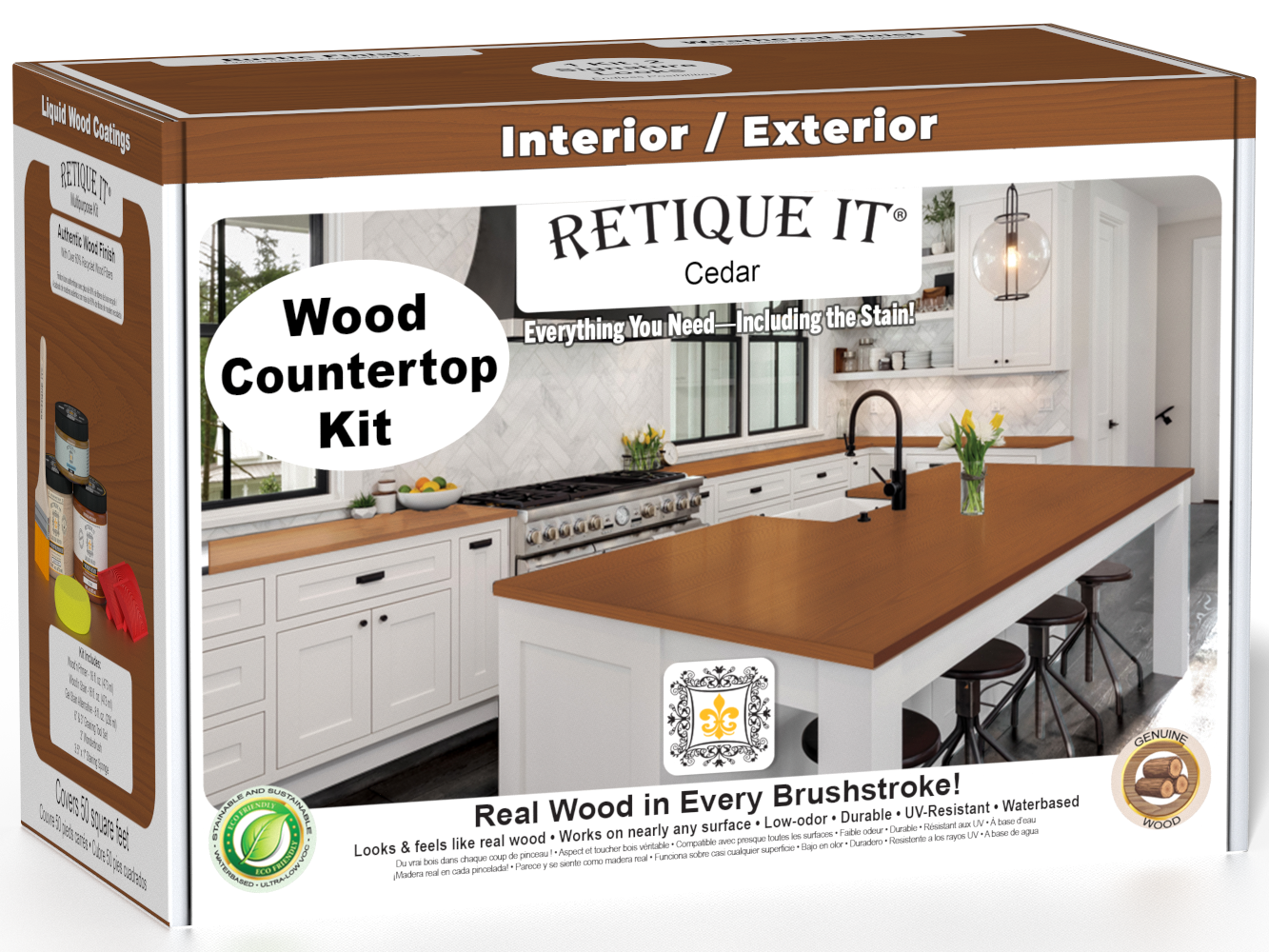 Retique It® cedar stain countertop kit for kitchen islands, featuring natural wood finish and easy application.