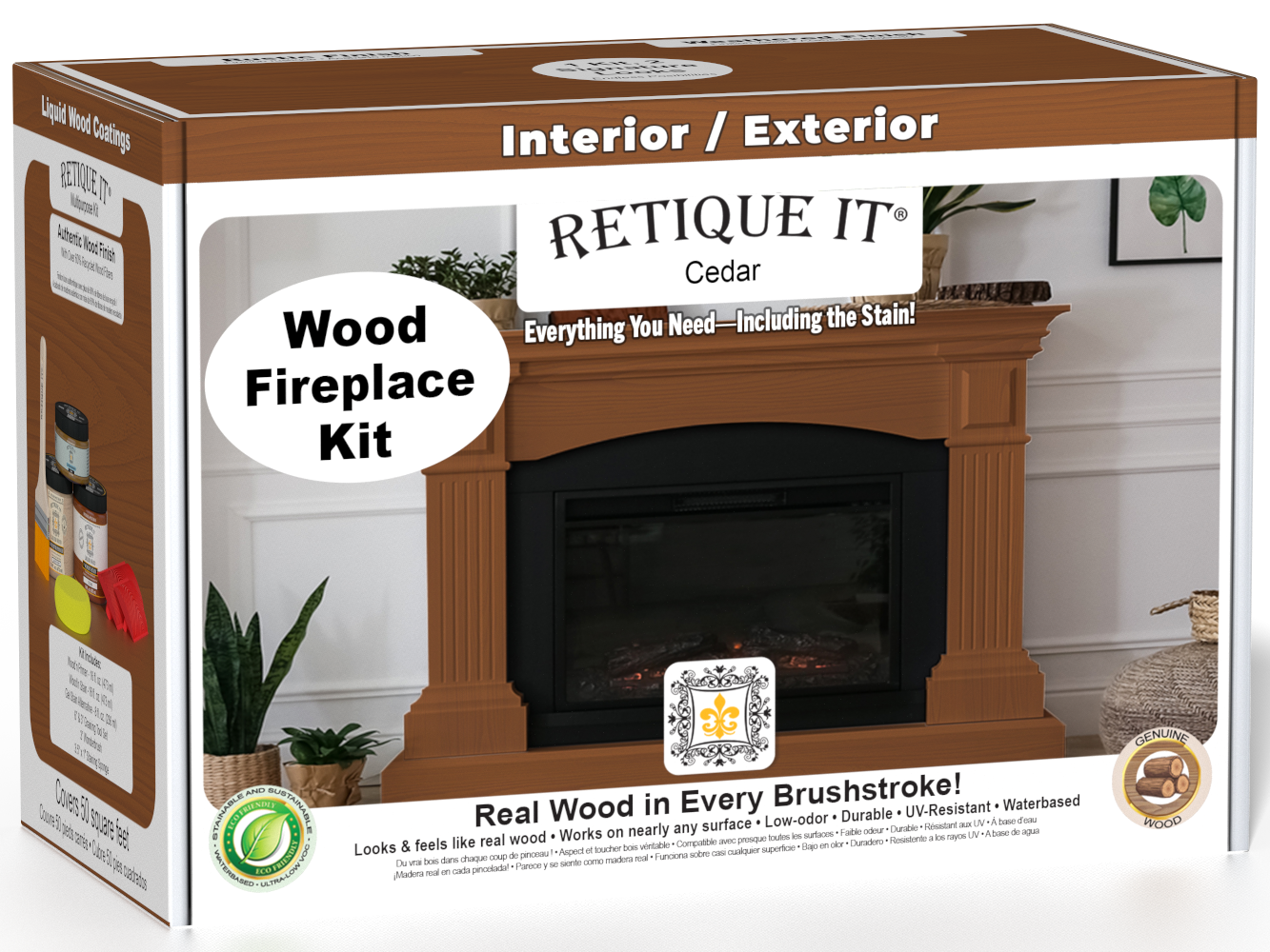 Retique It® Fireplace Wood'n Finish Kit in cedar stain showing a complete fireplace with wood finish in a natural cedar color.