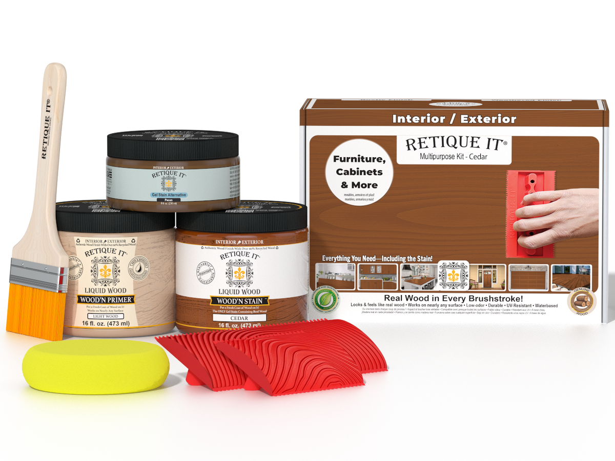 Multi-purpose Cedar Wood'n Finish Kit by Retique It® with various finishing products for wood furniture and projects.